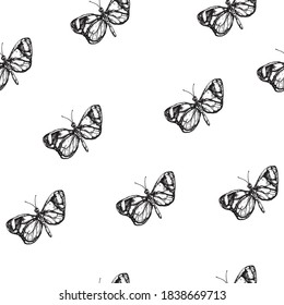 Black butterfly.Vector background with hand made illustration of insects. Entomological seamless pattern.
