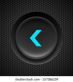 Black button with blue fast backward sign on carbon background.  