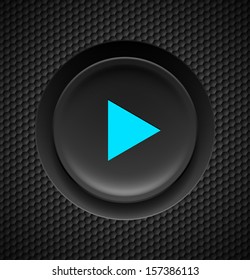 Black button with blue play sign on carbon background.