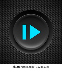 Black button with blue sign of fast forward  on carbon background.  