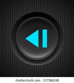 Black button with blue sign of fast backward  on carbon background.  