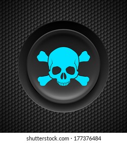 Black button with blue skull and crossbones sign on carbon background