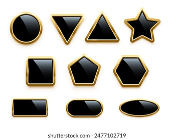 Black button of different geometric shapes with golden frames and shine light effect vector illustration set. Metal label of oval square circle triangle star hexagon pentagon rectangle on white.