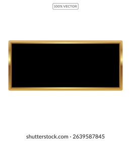 Black button with golden frame vector illustration. 3d glossy elegant design for empty label on transparant background