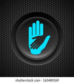 Black button with helping hand sign on carbon background. 