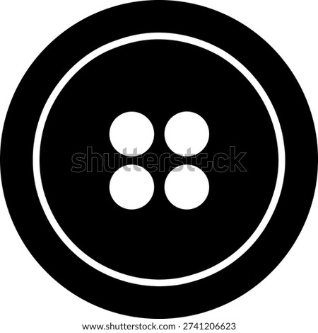 Black button icon featuring four white holes on a white background, representing a simple and classic fastening element for clothing and sewing designs.