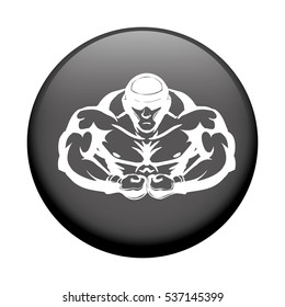 black button with Muscular man with boxing gloves icon over white background. vector illustration