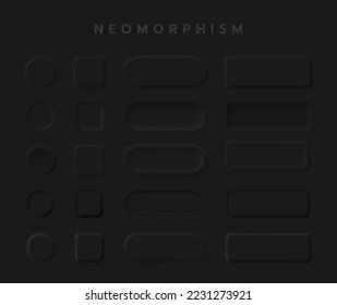 Black button Neumorphism design elements vector set, Button and Element for UI Web design or Application UI Design.