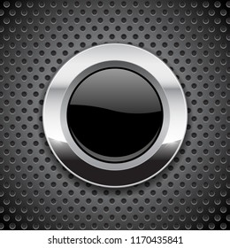 Black button on metal perforated background. Round glass icon with chrome frame. Vector 3d illustration
