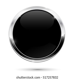 Black button. Round web icon with chrome frame. Vector illustration isolated on white background
