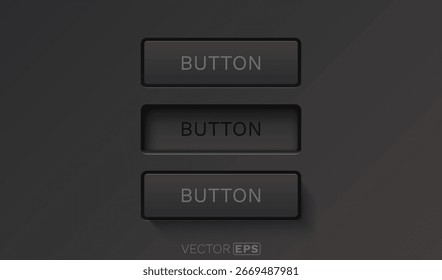 Conjunto de Botón negro, tres estados del Botón, presionados, liberados, flotando. Ilustración vectorial
