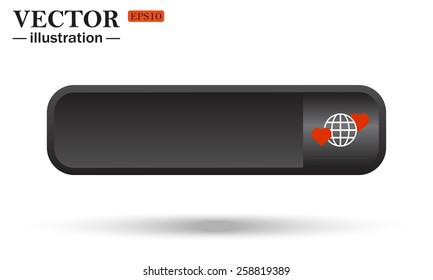 Black button for web sites on a white background with shadow.  Icon planet and two red hearts. Symbol of love between the nation. Globe.  vector illustration, EPS 10 