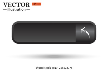 Black button for web sites on a white background with shadow.  The plane takes off. Icon plane. Vector illustration, EPS 10 