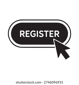 Black button with the word register and a pointing hand cursor