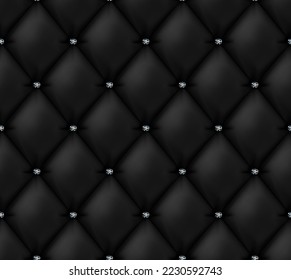 Black buttoned leather texture with diamond buttons. Seamless upholstery background. Realistic cushioned  capitonne surface