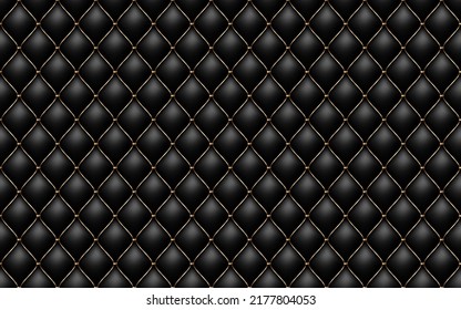 Black buttoned luxury leather pattern with golden diagonal wire waves. Vector premium seamless background diamond shape elements. Luxury pattern for page fill, wrapping paper, wallpaper