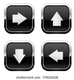 Black buttons with arrows. Keys with chrome frame. Vector 3d illustration isolated on white background.