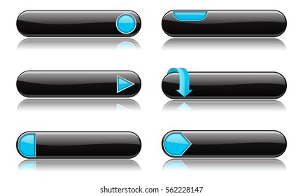Black buttons with blue signs. Menu interface elements. Vector 3d illustration on white background.