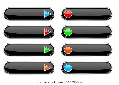 Black buttons with colored arrows and circles. Menu interface elements with metal frame. Vector 3d illustration on white background