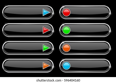 Black buttons with colored arrows and circles. Menu interface elements with metal frame. Vector 3d illustration on black background