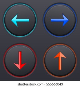 Black buttons with colored arrows. Up, down, right, left. Vector 3d illustration