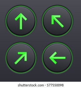 Black buttons with green arrows. Arrow keys. Vector 3d illustration.
