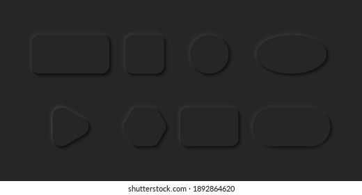 Black Buttons in Neomorphism design. Blank Buttons different shape with shadow. Vector illustration