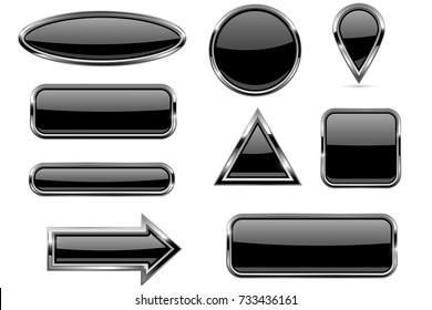 Black buttons set. Glass icons with metal frame. Vector 3d illustration isolated on white background