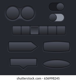 Black buttons set. Plastic matted interface. Vector 3d illustration