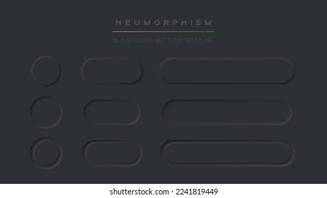 Black buttons vector set. Neumorphic design style. Realistic modern ui buttons collection. Elements for Application or Web design