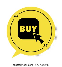 Icono del botón Comprar negro aislado en fondo blanco. Símbolo de burbuja de habla amarilla. Ilustración vectorial