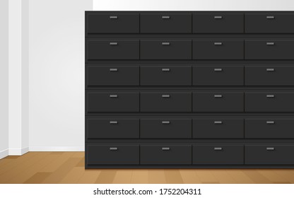 black cabinet on the wooden floor in the white room