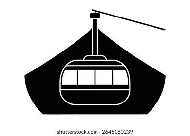 Black cable car silhouette vector illustration against white background. Simple graphic design shows a cable car with windows.