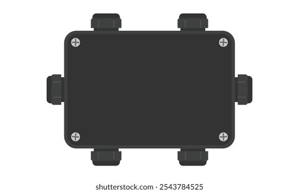 Caja de conexiones de cable negro. Caja eléctrica de 6 vías rectangular con prensaestopas. Ilustración vectorial en estilo plano