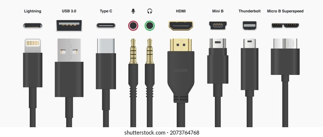 Black Cables Wires USB HDMI Lightning Type C Mini B Mini Jack vector illustration