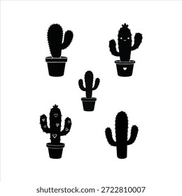 Black cacti silhouettes of different shapes and sizes, potted in simple containers.