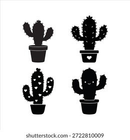 Black cacti silhouettes in pots, some with heart and smiling face details, simple and modern.
