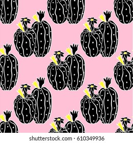 black cactus seamless pattern, cactus outline illustration. mexican pink background. print design for textile.
