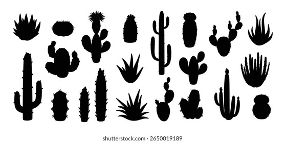 Black cactus silhouette. Desert plant. Different cactus types. Dark cactus icon in west arid landscape. Nature desert flora. Minimalism botanical home decor symbols. Vector set.