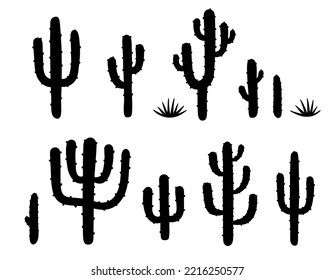 Black cactus silhouettes. Collection of different desert cacti. Wild West Cactuses silhouette drawing. Isolated on white background. Hand drawn Vector illustration in flat cartoon style. 