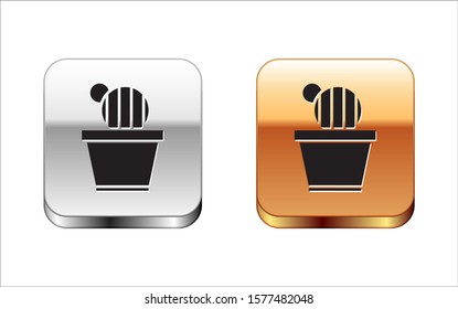 Black Cactus and succulent in pot icon isolated on white background. Plant growing in a pot. Potted plant sign. Silver-gold square button. Vector Illustration