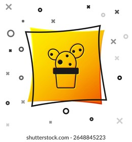 Black Cactus and succulent in pot icon isolated on white background. Plant growing in a pot. Potted plant sign. Yellow square button. Vector