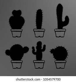 Black cactuses in a pots set. Cactus silhouette. Vector illustration on a gray background