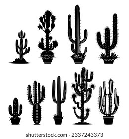 Black cactuses silhouette in pots isolated on white background. Sticker hand drawn set. vector illustration.