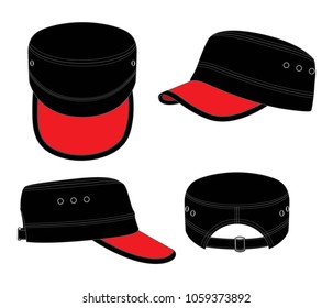 Black Cadet Military Cap With Red Brim Cap, Slide Buckle Strap Design On White Background