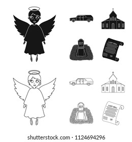 Black cadillac to transport the grave of the deceased, a church for a funeral ceremony, a grave with a tombstone, a death certificate. Funeral ceremony set collection icons in black,outline style