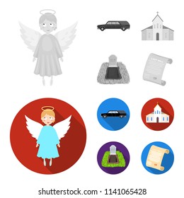 Black cadillac to transport the grave of the deceased, a church for a funeral ceremony, a grave with a tombstone, a death certificate. Funeral ceremony set collection icons in monochrome,flat style