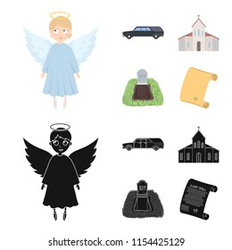 Black cadillac to transport the grave of the deceased, a church for a funeral ceremony, a grave with a tombstone, a death certificate. Funeral ceremony set collection icons in cartoon,black style
