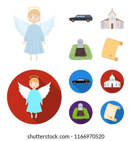 Black cadillac to transport the grave of the deceased, a church for a funeral ceremony, a grave with a tombstone, a death certificate. Funeral ceremony set collection icons in cartoon,flat style