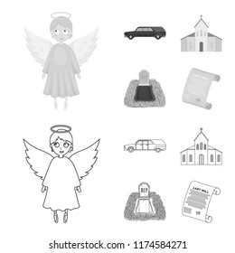 Black cadillac to transport the grave of the deceased, a church for a funeral ceremony, a grave with a tombstone, a death certificate. Funeral ceremony set collection icons in outline,monochrome style